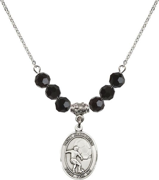 Sterling Silver Saint Sebastian / Soccer Birthstone Necklace with Jet Beads - 8603