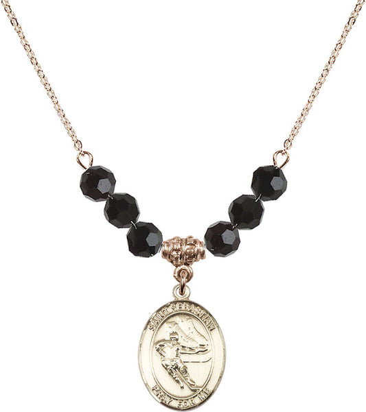 14kt Gold Filled Saint Sebastian / Hockey Birthstone Necklace with Jet Beads - 8604