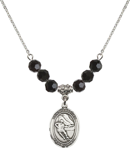 Sterling Silver Saint Sebastian / Hockey Birthstone Necklace with Jet Beads - 8604