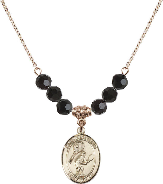 14kt Gold Filled Saint Sebastian / Tennis Birthstone Necklace with Jet Beads - 8605