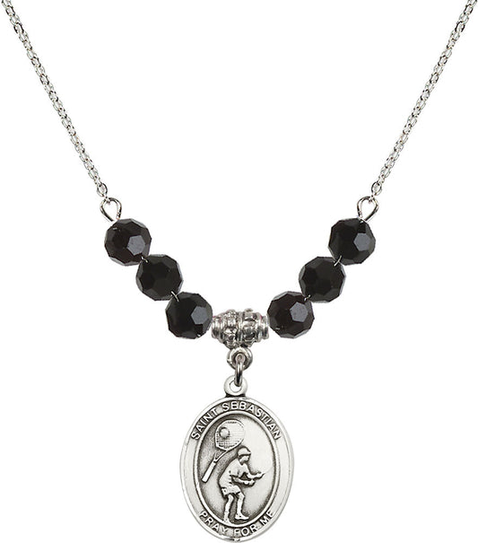 Sterling Silver Saint Sebastian / Tennis Birthstone Necklace with Jet Beads - 8605