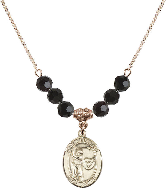 14kt Gold Filled Saint Sebastian / Golf Birthstone Necklace with Jet Beads - 8606