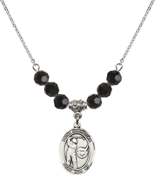 Sterling Silver Saint Sebastian / Golf Birthstone Necklace with Jet Beads - 8606