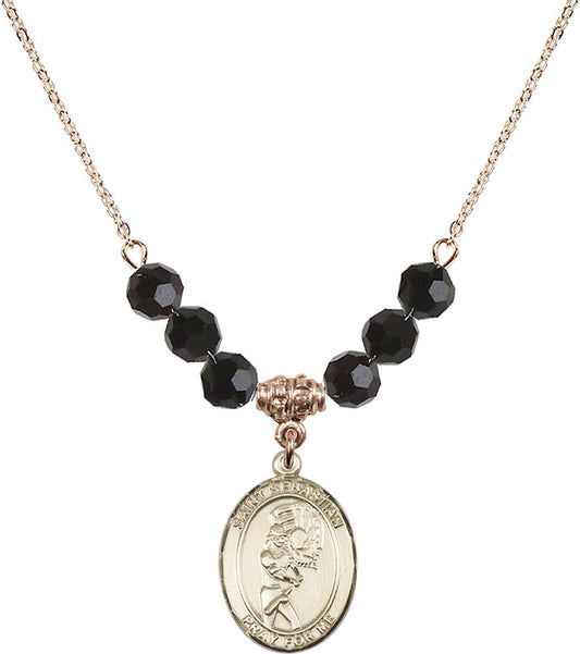 14kt Gold Filled Saint Sebastian/Softball Birthstone Necklace with Jet Beads - 8607