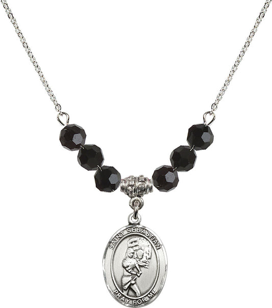 Sterling Silver Saint Sebastian/Softball Birthstone Necklace with Jet Beads - 8607