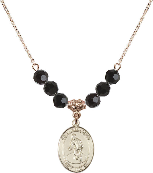 14kt Gold Filled Saint Sebastian/Wrestling Birthstone Necklace with Jet Beads - 8608