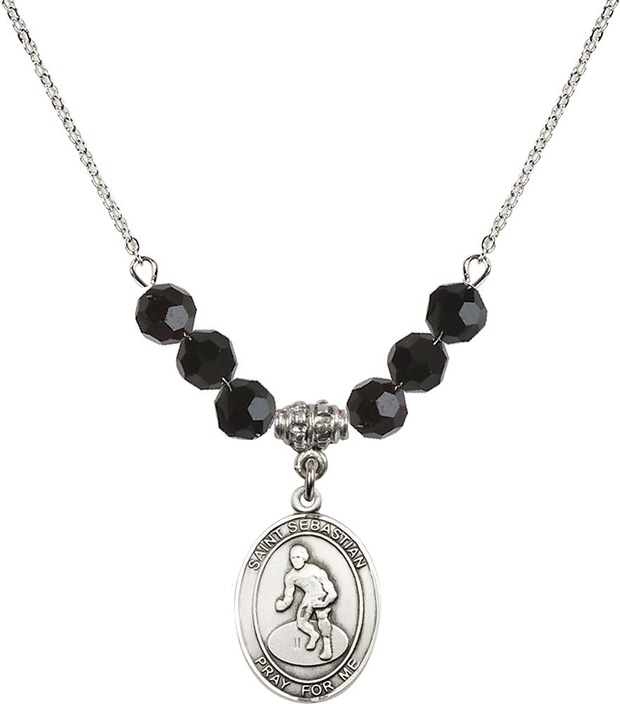 Sterling Silver Saint Sebastian/Wrestling Birthstone Necklace with Jet Beads - 8608