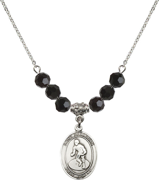 Sterling Silver Saint Sebastian/Wrestling Birthstone Necklace with Jet Beads - 8608