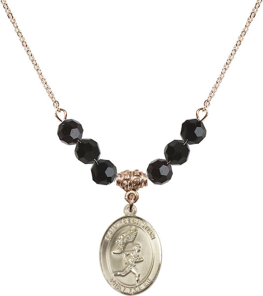 14kt Gold Filled Saint Sebastian /Track&Field-Men Birthstone Necklace with Jet Beads - 8609