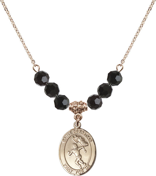 14kt Gold Filled Saint Sebastian /Track&Field-Women Birthstone Necklace with Jet Beads - 8610
