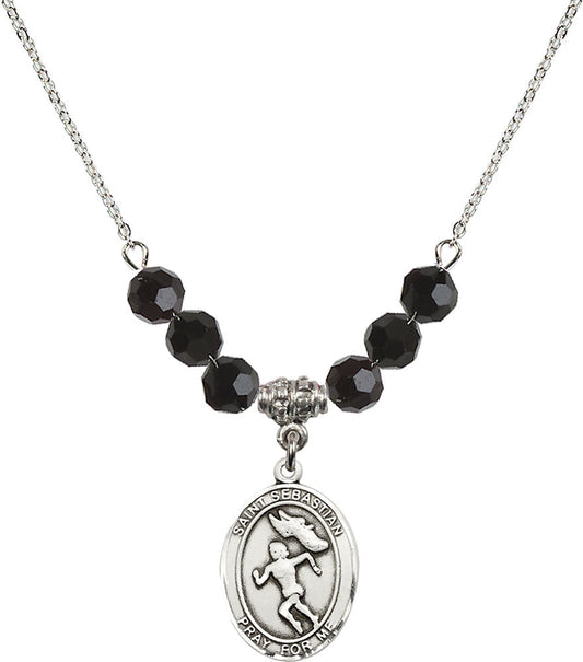 Sterling Silver Saint Sebastian /Track&Field-Women Birthstone Necklace with Jet Beads - 8610