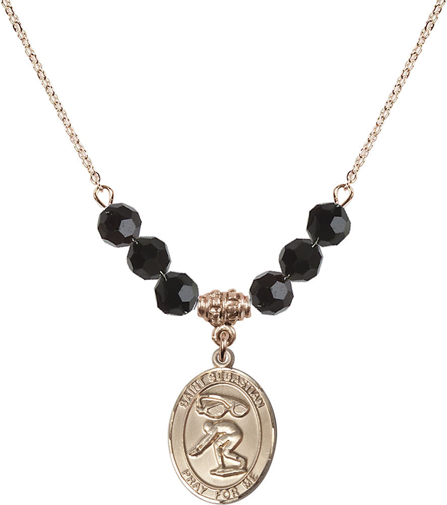 14kt Gold Filled Saint Sebastian/Swimming Birthstone Necklace with Jet Beads - 8611