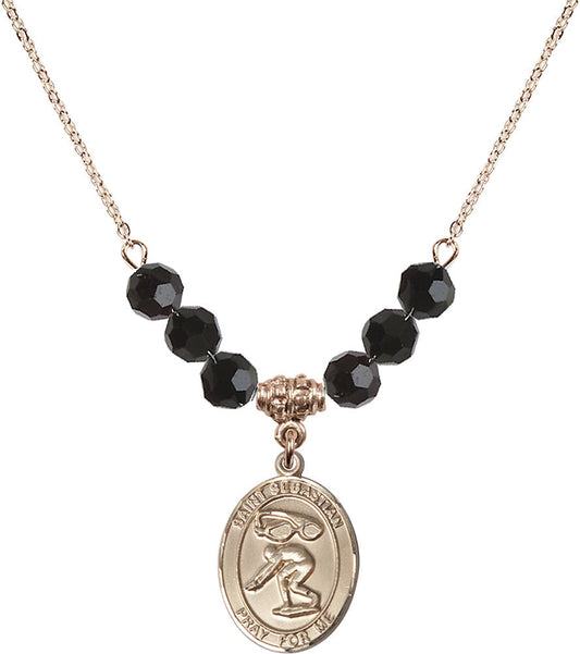 14kt Gold Filled Saint Sebastian/Swimming Birthstone Necklace with Jet Beads - 8611