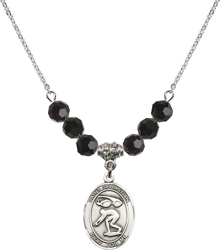 Sterling Silver Saint Sebastian/Swimming Birthstone Necklace with Jet Beads - 8611