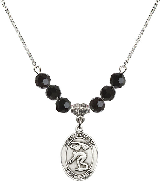 Sterling Silver Saint Sebastian/Swimming Birthstone Necklace with Jet Beads - 8611