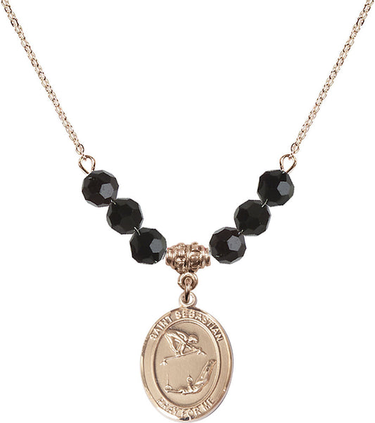 14kt Gold Filled Saint Sebastian/Gymnastics Birthstone Necklace with Jet Beads - 8613