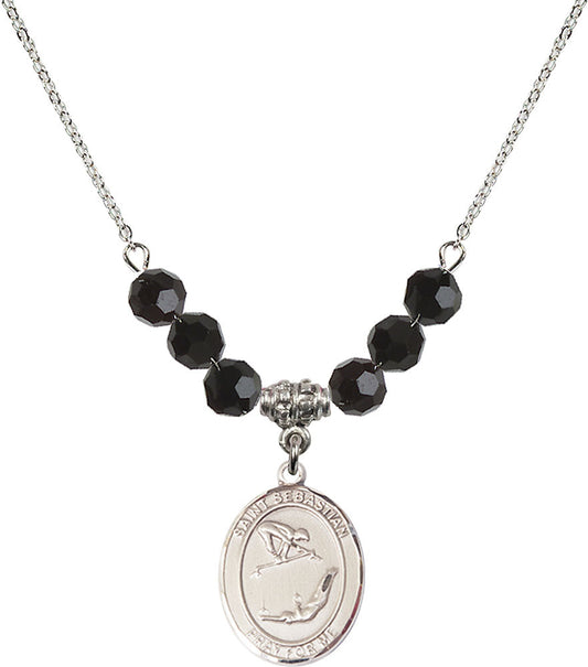 Sterling Silver Saint Sebastian/Gymnastics Birthstone Necklace with Jet Beads - 8613