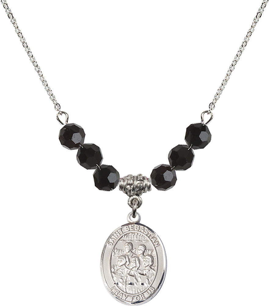 Sterling Silver Saint Sebastian / Choir Birthstone Necklace with Jet Beads - 8614