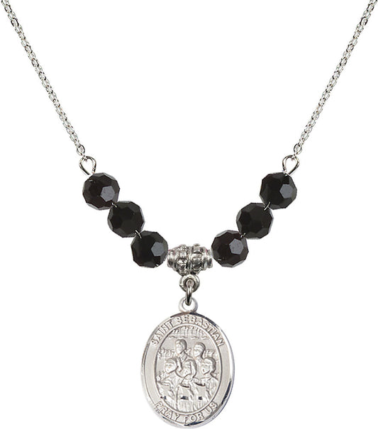 Sterling Silver Saint Sebastian / Choir Birthstone Necklace with Jet Beads - 8614
