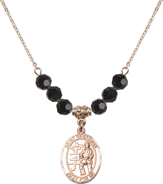 14kt Gold Filled Saint Sebastian/Karate Birthstone Necklace with Jet Beads - 8615