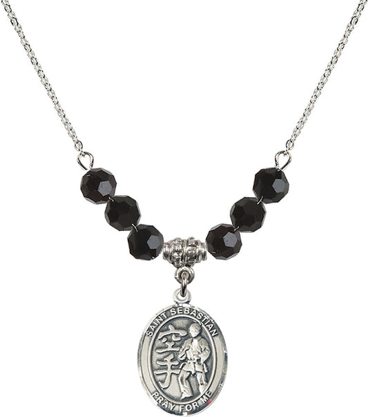 Sterling Silver Saint Sebastian/Karate Birthstone Necklace with Jet Beads - 8615