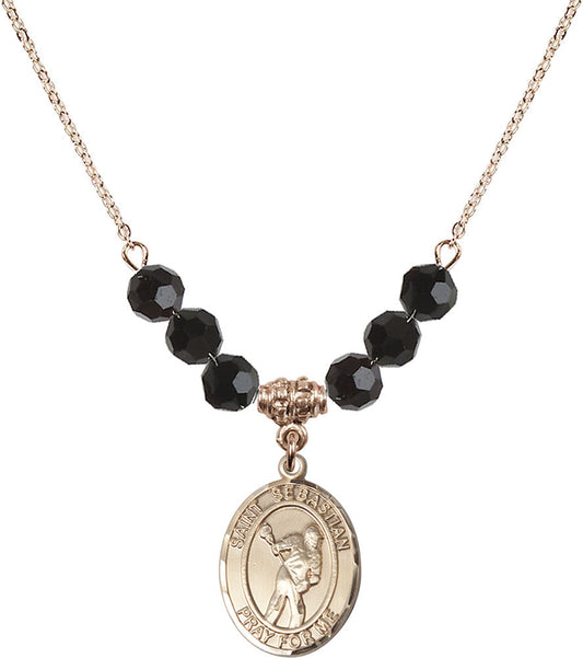 14kt Gold Filled Saint Sebastian/Lacrosse Birthstone Necklace with Jet Beads - 8616