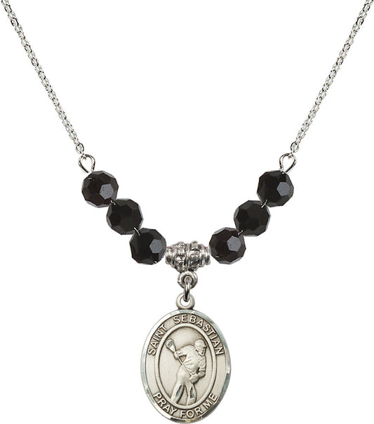 Sterling Silver Saint Sebastian/Lacrosse Birthstone Necklace with Jet Beads - 8616