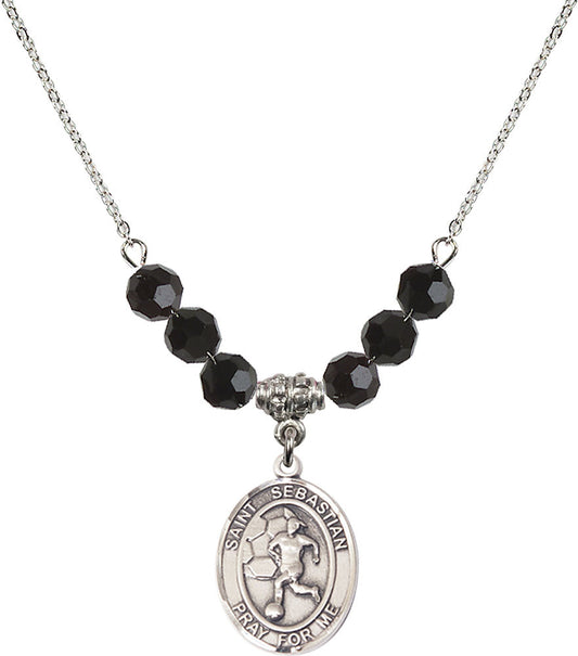 Sterling Silver Saint Sebastian/Soccer-Women Birthstone Necklace with Jet Beads - 8617