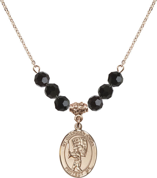 14kt Gold Filled Guardian Angel/Baseball Birthstone Necklace with Jet Beads - 8700