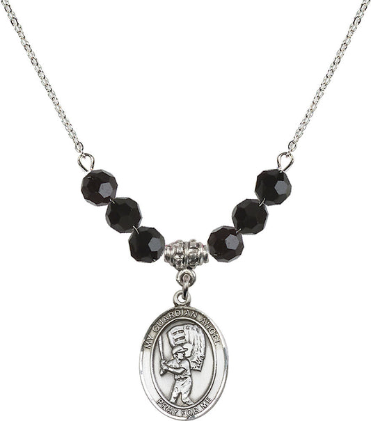 Sterling Silver Guardian Angel/Baseball Birthstone Necklace with Jet Beads - 8700