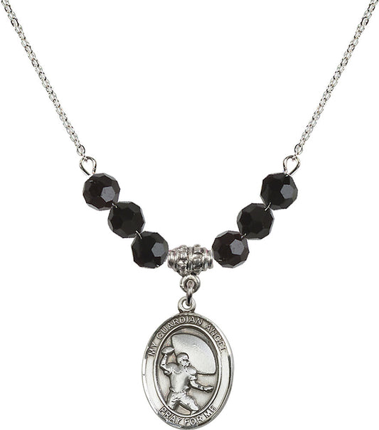Sterling Silver Guardian Angel/Football Birthstone Necklace with Jet Beads - 8701