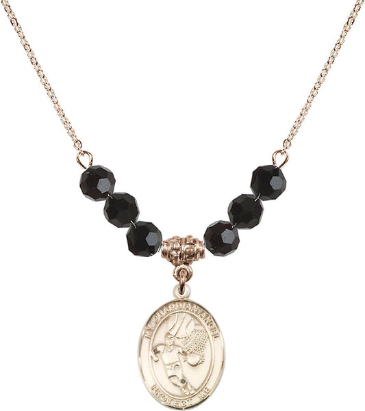 14kt Gold Filled Guardian Angel/Basketball Birthstone Necklace with Jet Beads - 8702