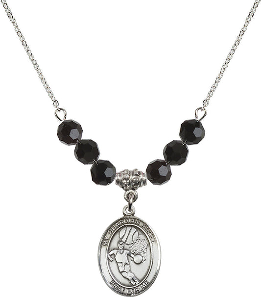 Sterling Silver Guardian Angel/Basketball Birthstone Necklace with Jet Beads - 8702
