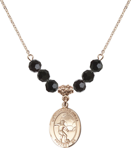 14kt Gold Filled Guardian Angel/Soccer Birthstone Necklace with Jet Beads - 8703