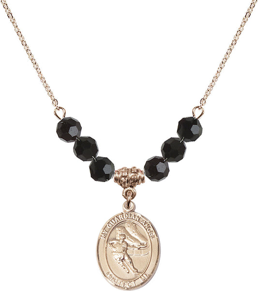 14kt Gold Filled Guardian Angel/Hockey Birthstone Necklace with Jet Beads - 8704
