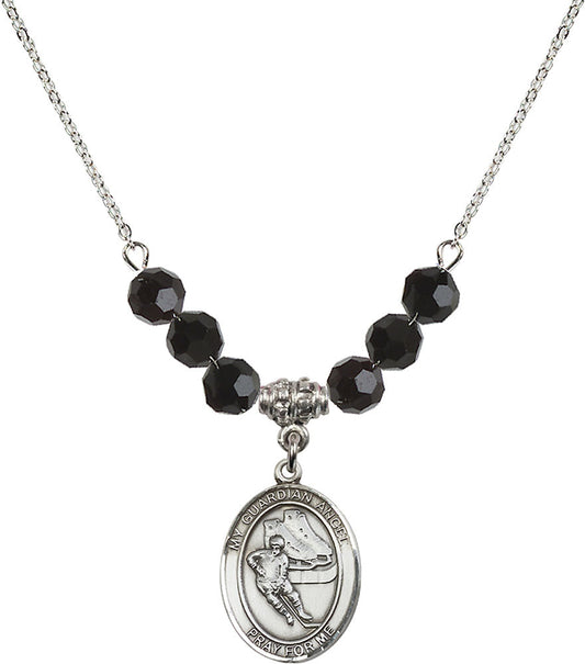 Sterling Silver Guardian Angel/Hockey Birthstone Necklace with Jet Beads - 8704