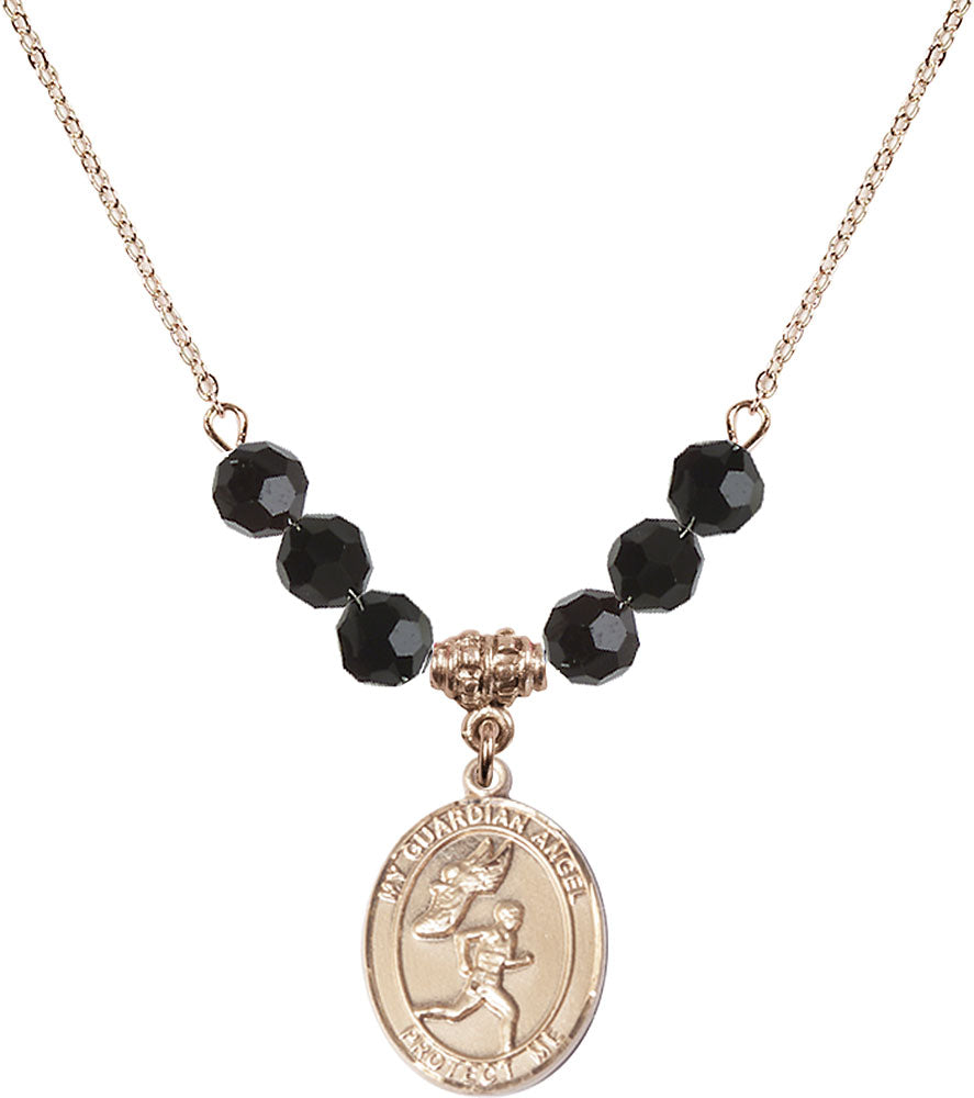 14kt Gold Filled Guardian Angel/Track&Field-Men Birthstone Necklace with Jet Beads - 8709