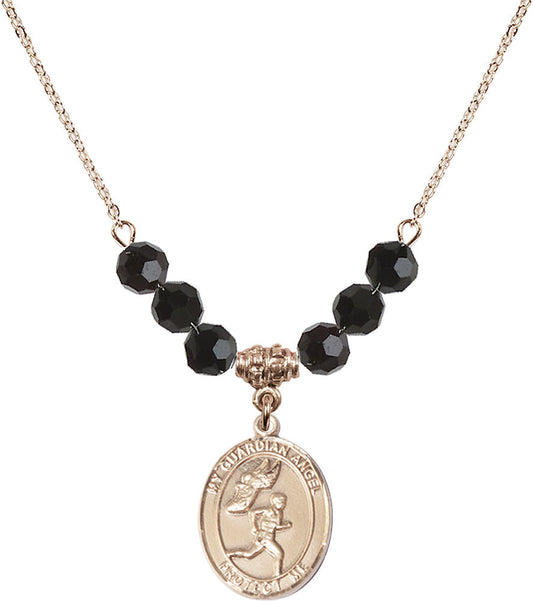 14kt Gold Filled Guardian Angel/Track&Field-Men Birthstone Necklace with Jet Beads - 8709