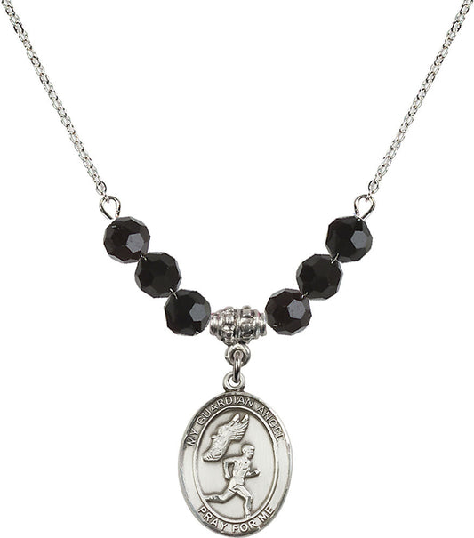 Sterling Silver Guardian Angel/Track&Field-Men Birthstone Necklace with Jet Beads - 8709