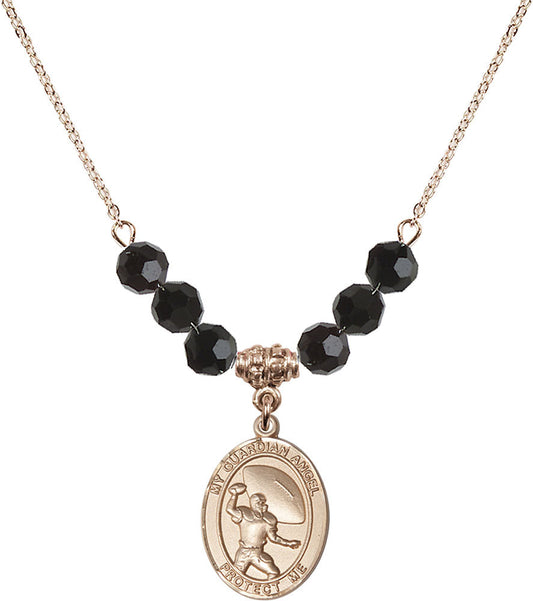 14kt Gold Filled Guardian Angel/Track&Field-Women Birthstone Necklace with Jet Beads - 8710
