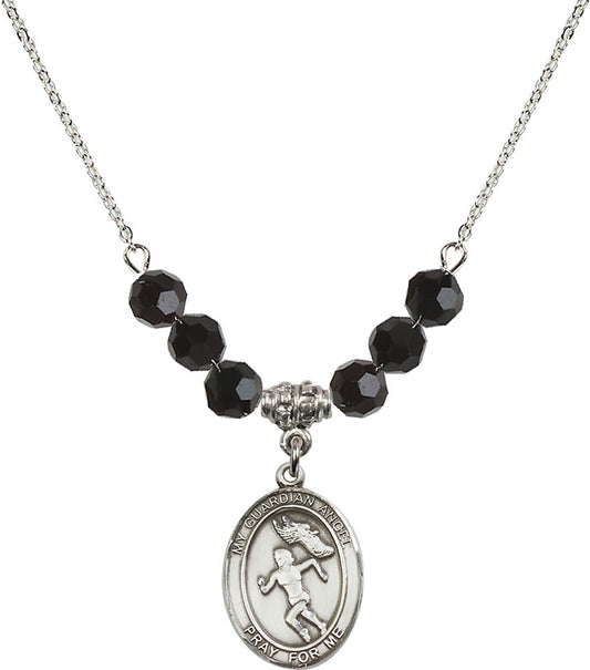 Sterling Silver Guardian Angel/Track&Field-Women Birthstone Necklace with Jet Beads - 8710