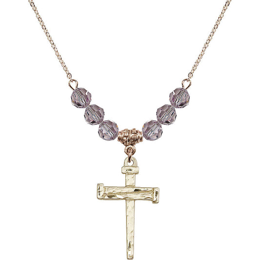 14kt Gold Filled Nail Cross Birthstone Necklace with Light Amethyst Beads - 0013