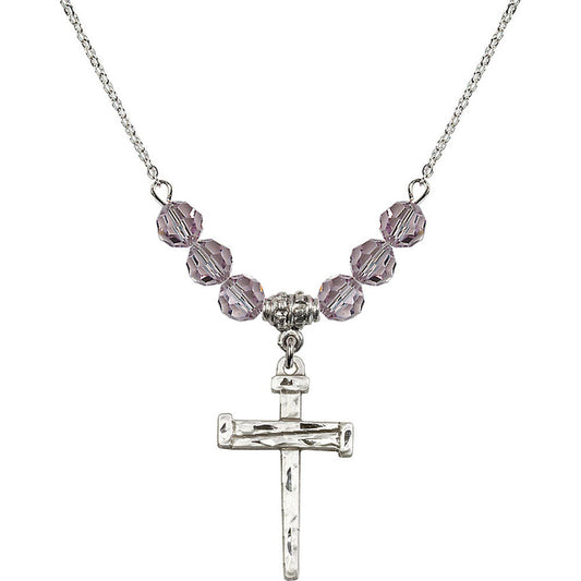 Sterling Silver Nail Cross Birthstone Necklace with Light Amethyst Beads - 0013