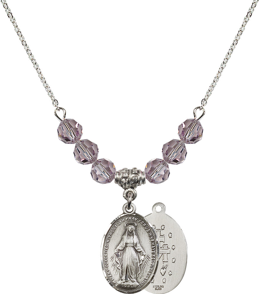 Sterling Silver Miraculous Birthstone Necklace with Light Amethyst Beads - 0015