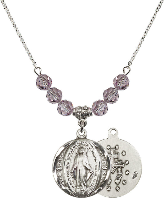 Sterling Silver Miraculous Birthstone Necklace with Light Amethyst Beads - 0017