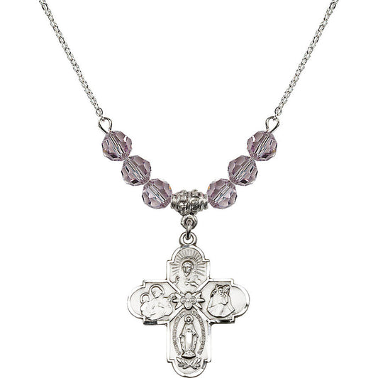 Sterling Silver 4-Way Birthstone Necklace with Light Amethyst Beads - 0043