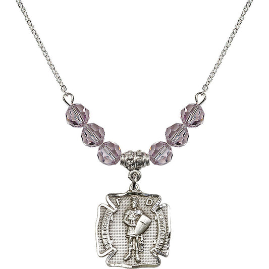 Sterling Silver Saint Florian Birthstone Necklace with Light Amethyst Beads - 0070
