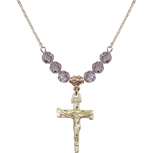 14kt Gold Filled Nail Crucifix Birthstone Necklace with Light Amethyst Beads - 0073