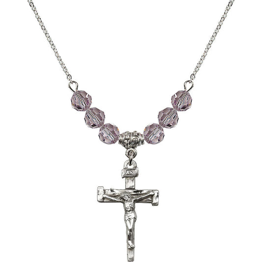Sterling Silver Nail Crucifix Birthstone Necklace with Light Amethyst Beads - 0073