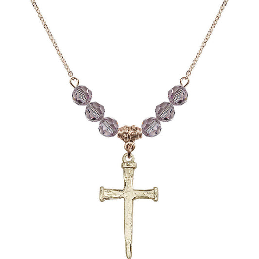 14kt Gold Filled Nail Cross Birthstone Necklace with Light Amethyst Beads - 0085